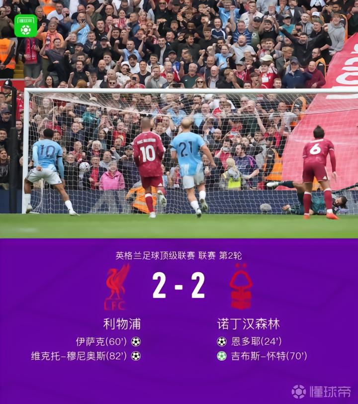 利物浦2-2森林遭遇连平,吉布斯-怀特传射,穆尼奥斯进球